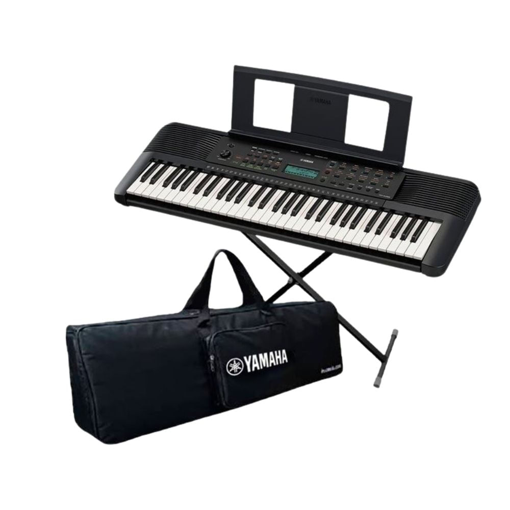 Combo: Teclado Yamaha PSR-E283, 61 teclas, 410 tonos, 150 ritmos, pantalla LCD, funda, soporte