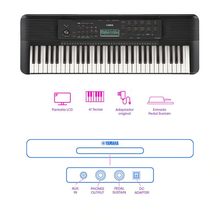 Imagen 2 del producto Combo: Teclado Yamaha PSR-E283, 61 teclas, 410 tonos, 150 ritmos, pantalla LCD, funda, soporte