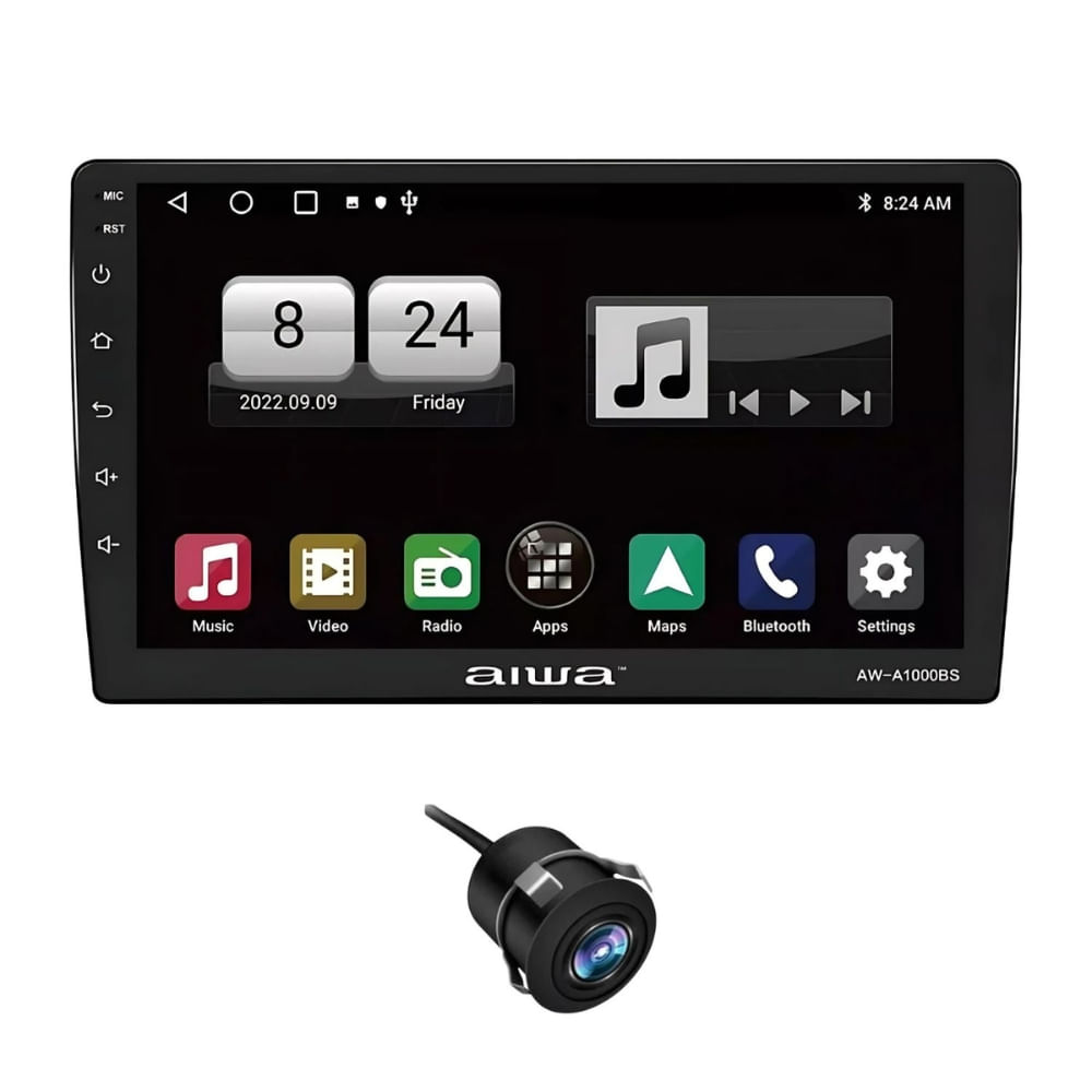 Combo: Autoradio Aiwa AW-A1000BS 10" IPS HD Android 12, 2GB RAM, 32GB, CarPlay, BT, GPS, Wi-Fi, cámara reversa