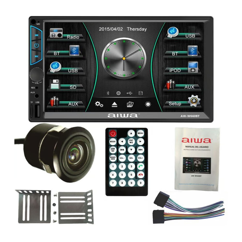 Autoradio Aiwa AW-W660BT con pantalla táctil HD de 7", Mirrorlink Android/iOS, Bluetooth V4.0, USB, SD, AUX, FM, salida RCA