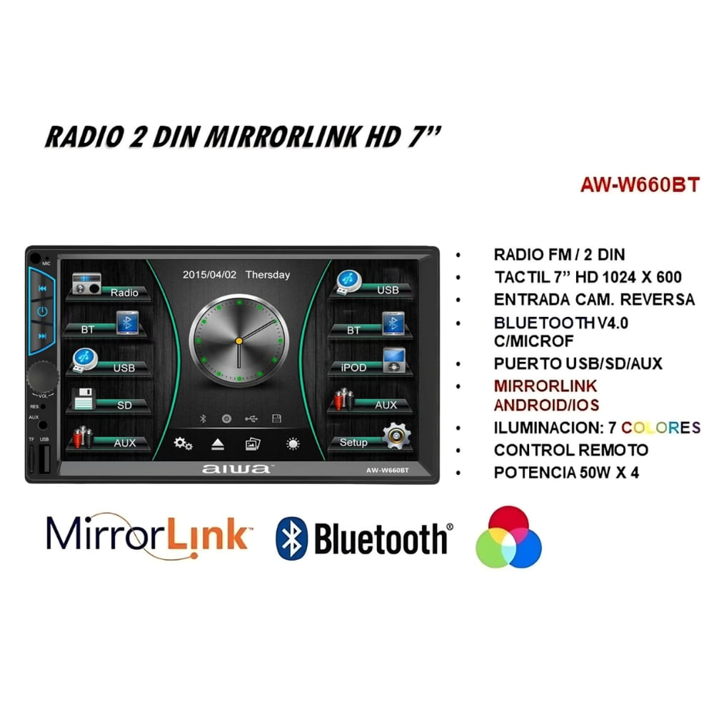 Imagen 2 del producto Autoradio Aiwa AW-W660BT con pantalla táctil HD de 7"", Mirrorlink Android/iOS, Bluetooth V4.0, USB, SD, AUX, FM, salida RCA
