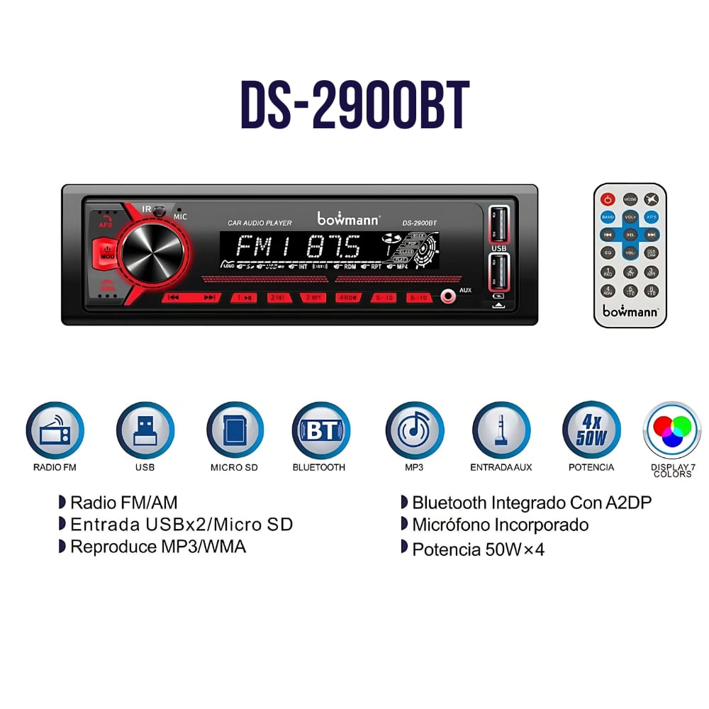 Imagen 2 del producto Autoradio Bowmann DS-2900BT 1 Din, Bluetooth, USBx2, AUX, panel desmontable, FM/AM, MP3/WMA, 50Wx4, control remoto