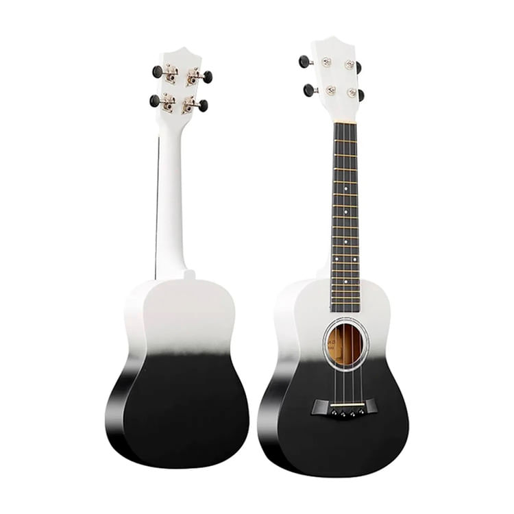 Ukelele concierto, 23", cuerpo tilo, mástil okoume, acabado mate, funda, blanco y negro
