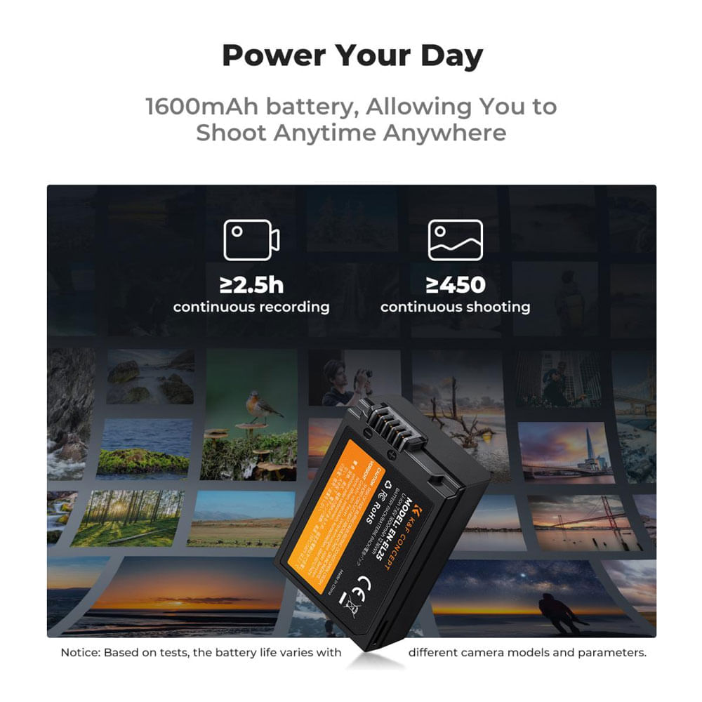 Imagen 2 del producto Combo: Cargador dual K&F Concept + 2 baterías EN-EL25 de 1600mAh, con pantalla LCD, USB-C/Micro USB, para Nikon Z30, Z50, Zfc