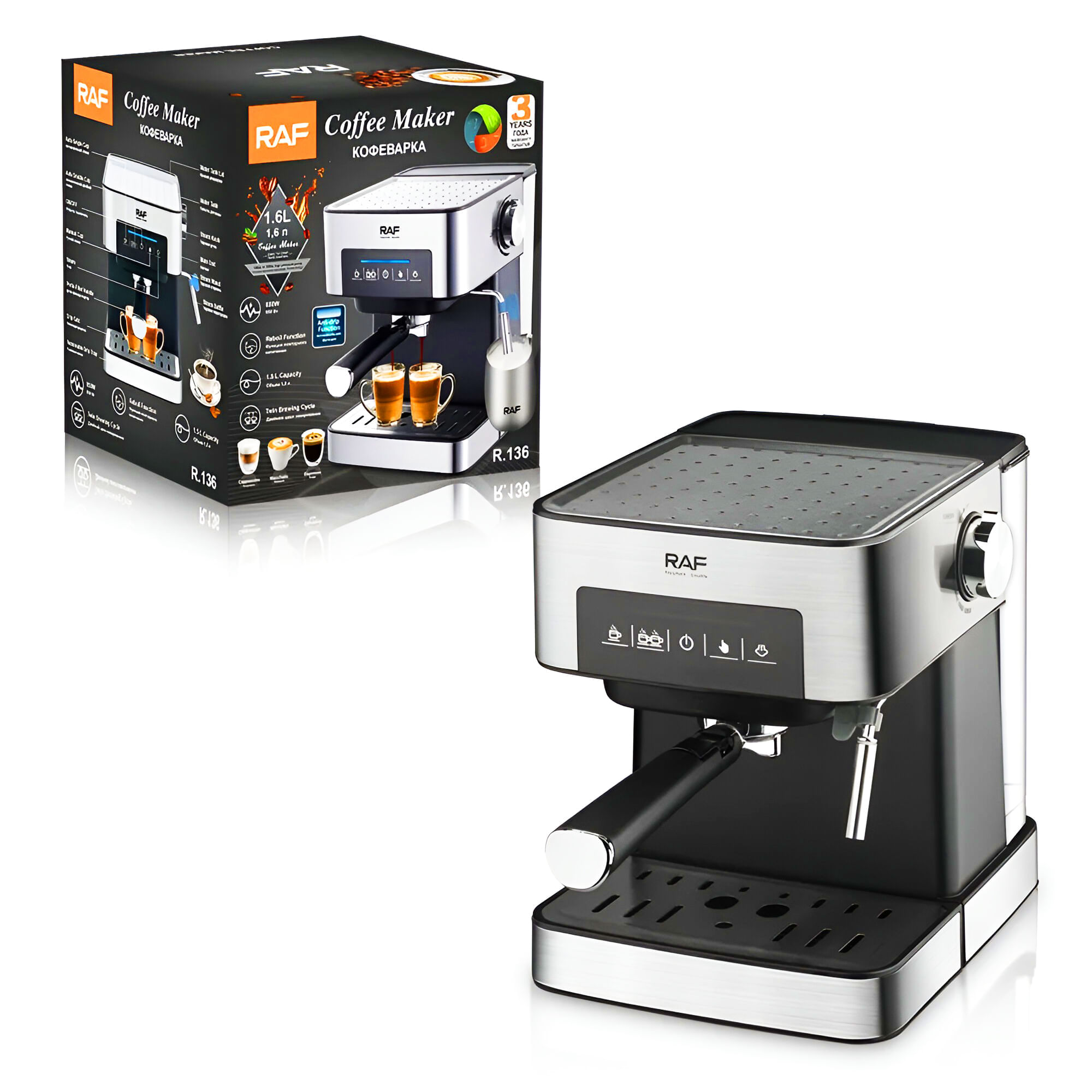 Imagen 2 del producto Cafetera espresso RAF R136 850W con bomba 15 bares, depósito 1.6L, espumador de leche, display digital