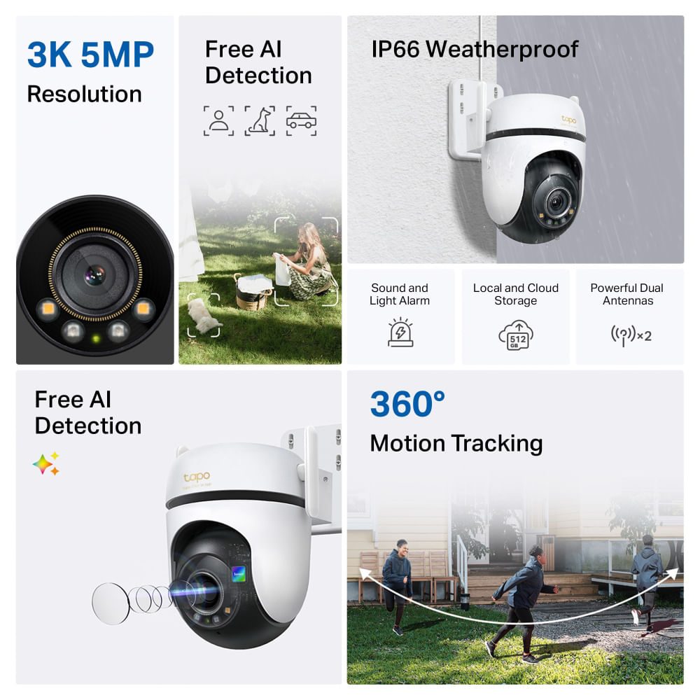 Imagen 2 del producto Cámara de seguridad Tapo C530WS para exterior IP66, 5MP-3K, detección IA avanzada, 512GB Micro-SD, audio, visión nocturna a color