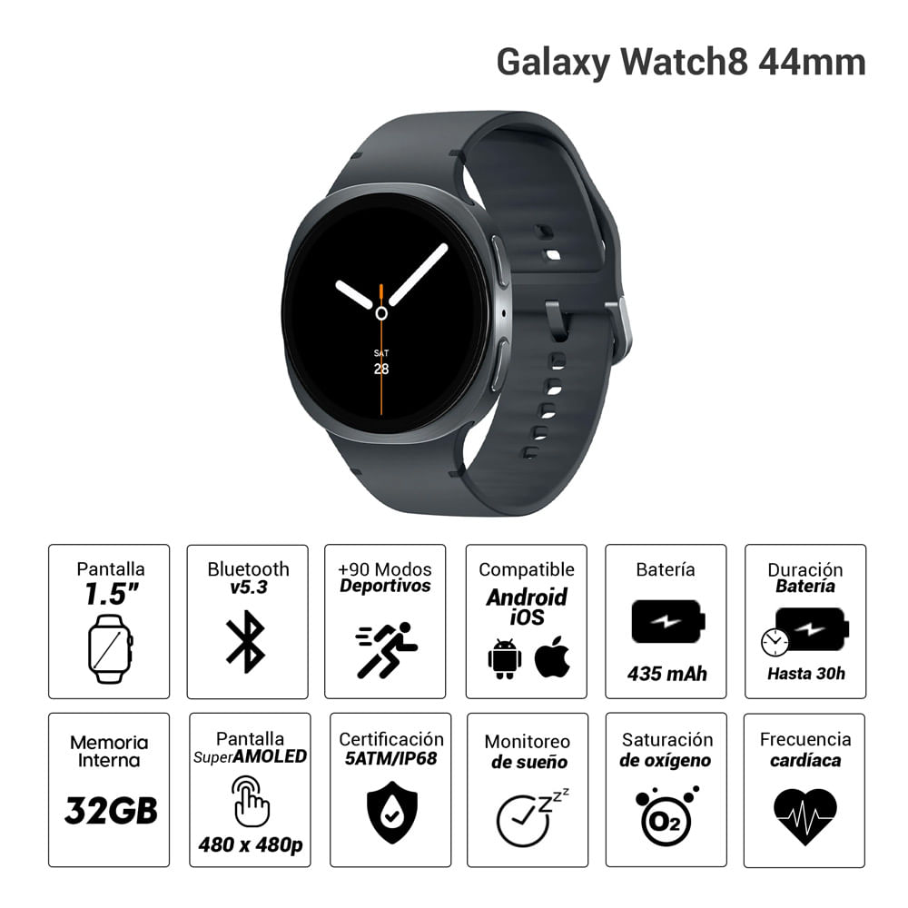 Imagen 2 del producto Smartwatch Samsung Galaxy Watch8 Large pantalla 1.5""/ Super AMOLED, certificación 5ATM/IP68, batería hasta 30 horas, gris