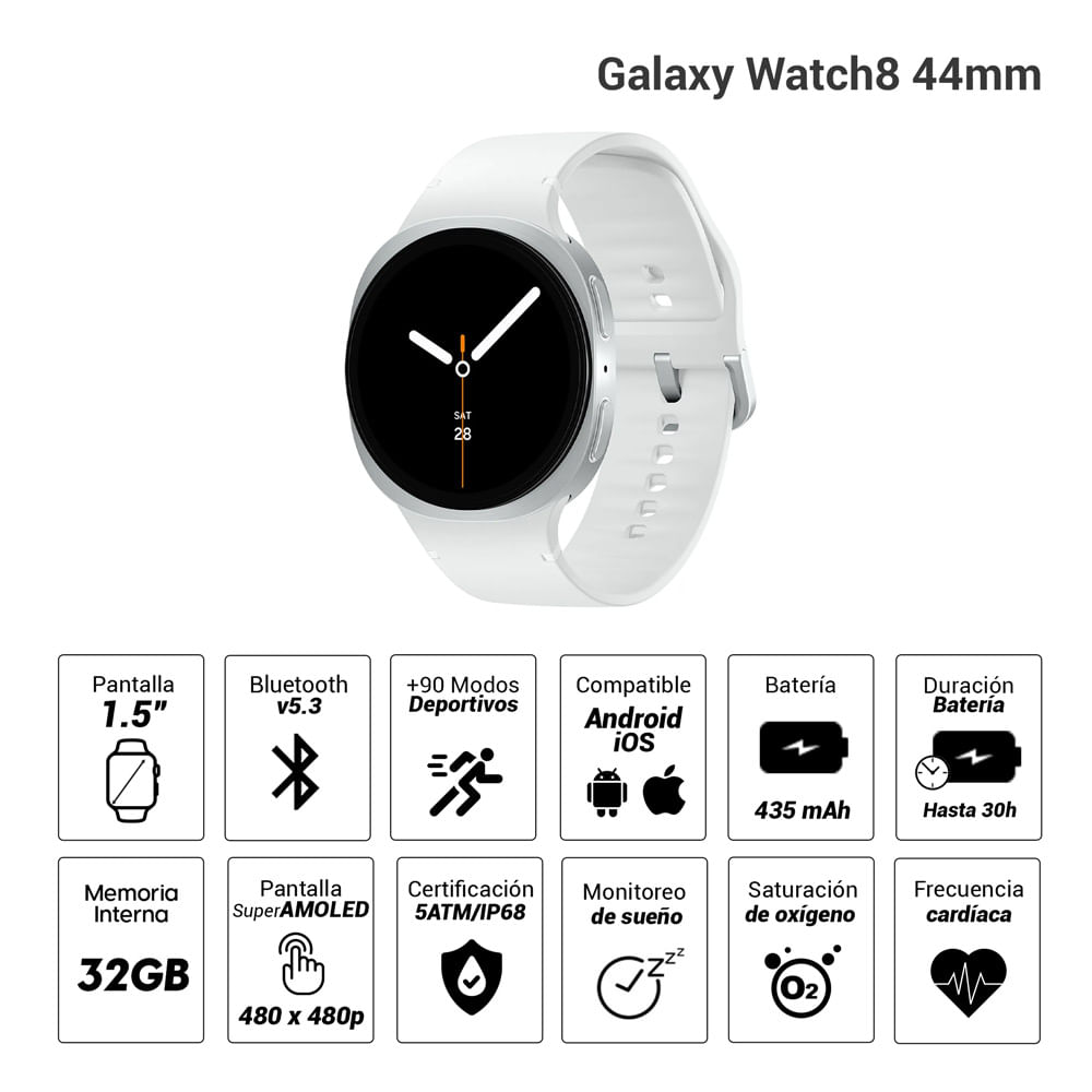 Imagen 2 del producto Smartwatch Samsung Galaxy Watch8 Large pantalla 1.5""/ Super AMOLED, certificación 5ATM/IP68, batería hasta 30 horas, plateado