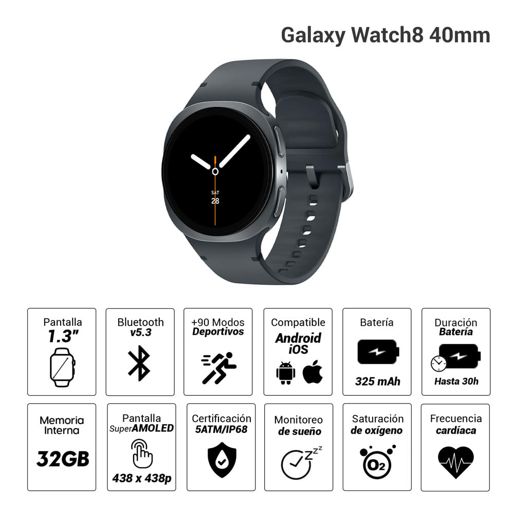 Imagen 2 del producto Smartwatch Samsung Galaxy Watch8 Small pantalla 1.3""/ Super AMOLED, certificación 5ATM/IP68, batería hasta 30 horas, gris