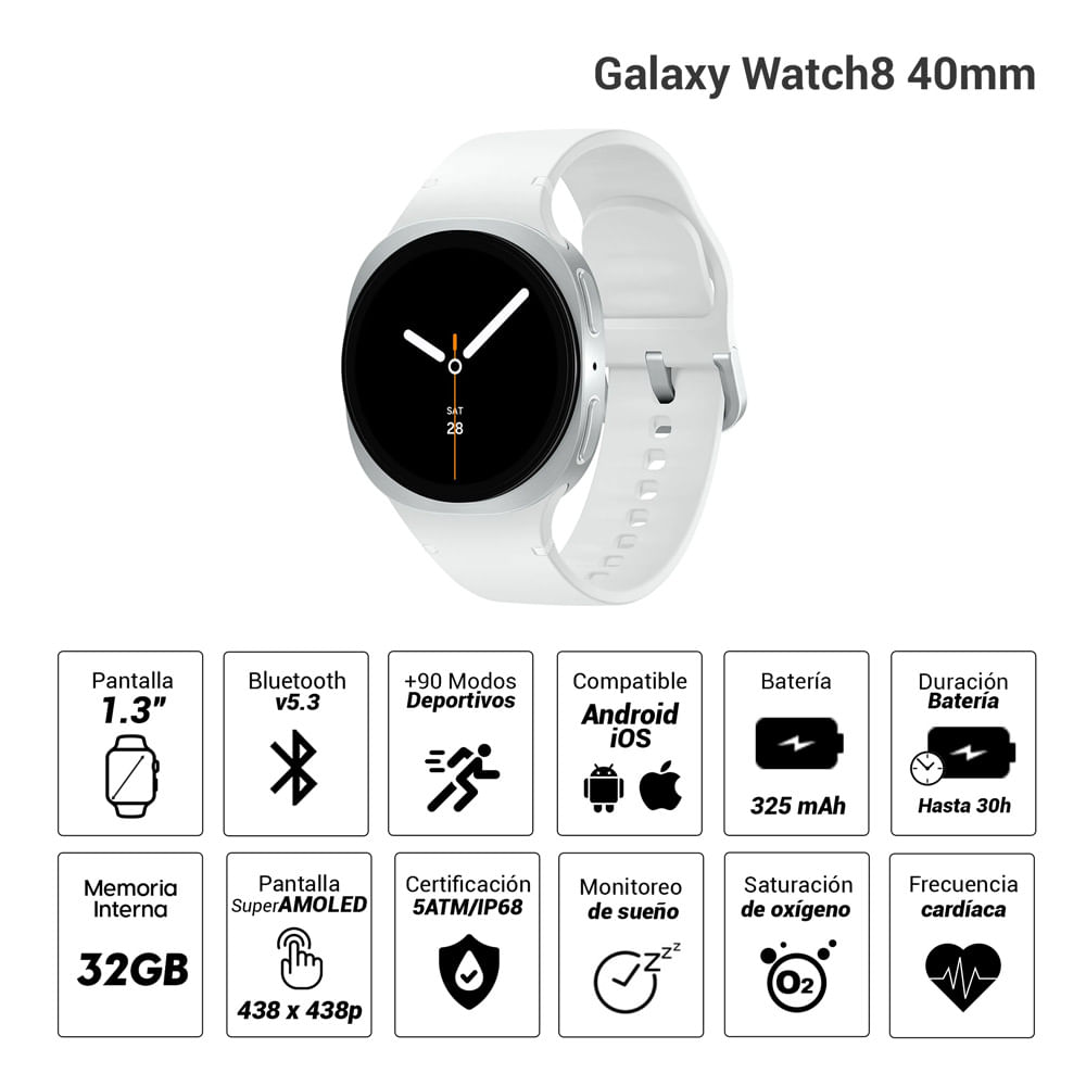 Imagen 2 del producto Smartwatch Samsung Galaxy Watch8 Small pantalla 1.3""/ Super AMOLED, certificación 5ATM/IP68, batería hasta 30 horas, plateado