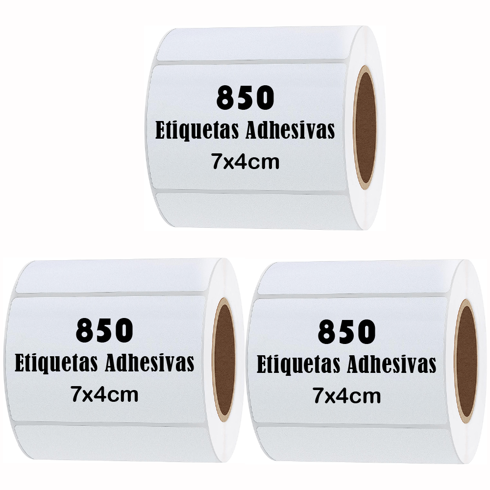 Rollos etiquetas térmica adhesiva 7x4cm, pack de 3 rollos, blanco