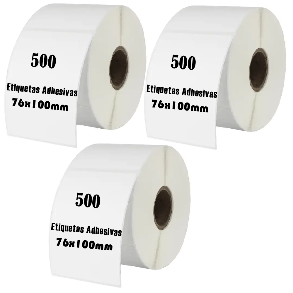 Rollos etiquetas térmicas adhesivas 7.6x10cm, pack de 3 rollos, blanco