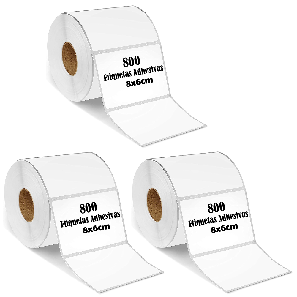 Rollos etiquetas térmicas adhesivas 8x6cm, pack de 3 rollos, blanco