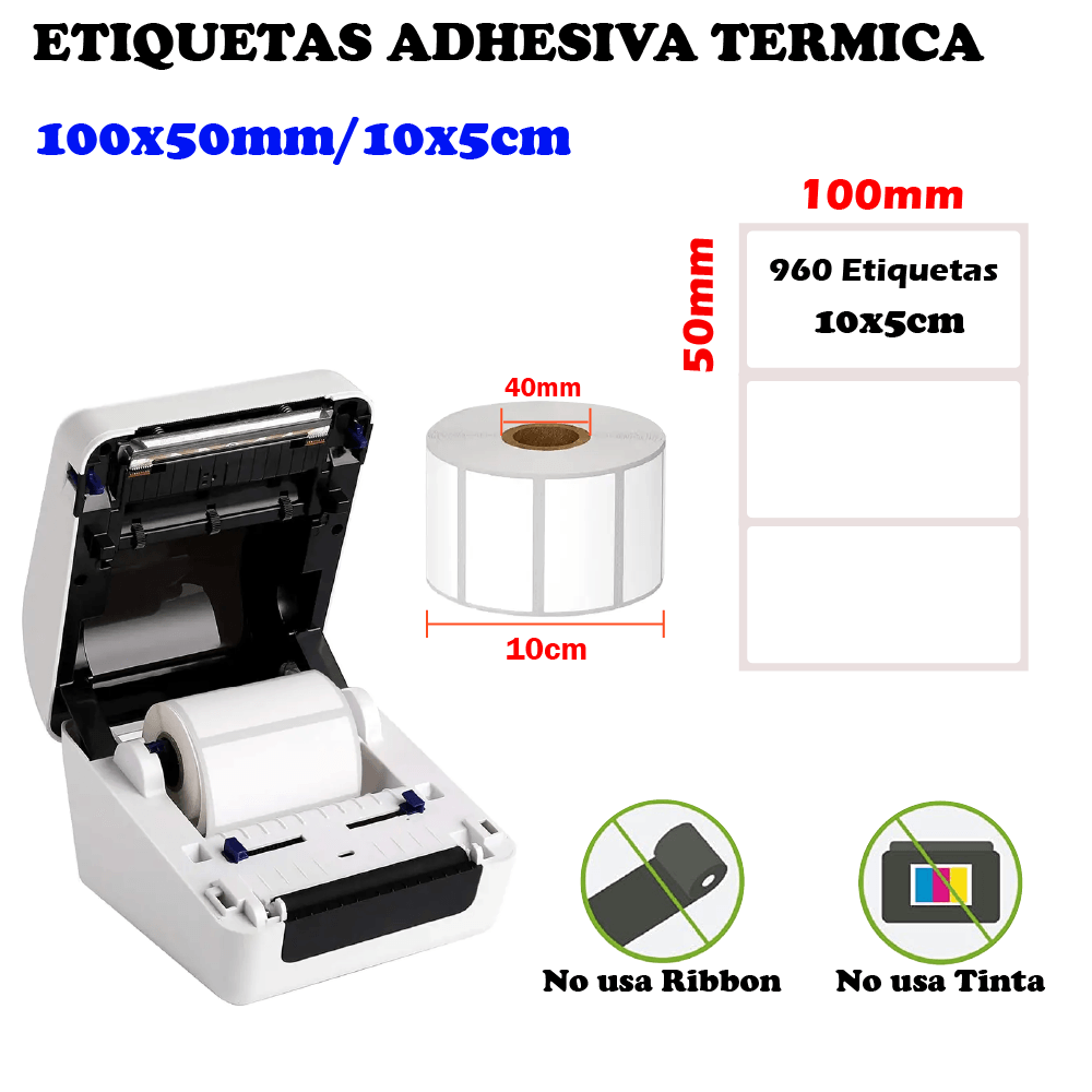 Imagen 2 del producto Rollos etiquetas térmicas adhesivas 10x5cm, pack de 3 rollos, blanco