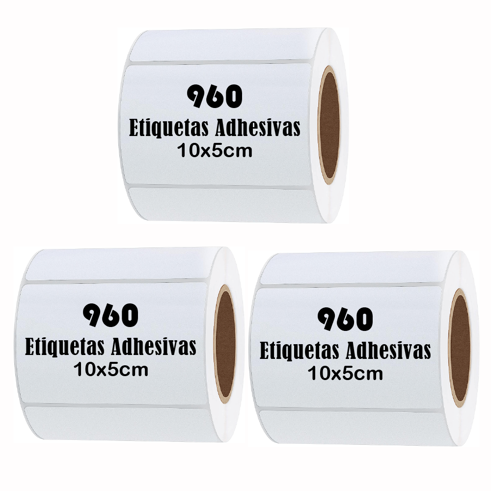 Rollos etiquetas térmicas adhesivas 10x5cm, pack de 3 rollos, blanco