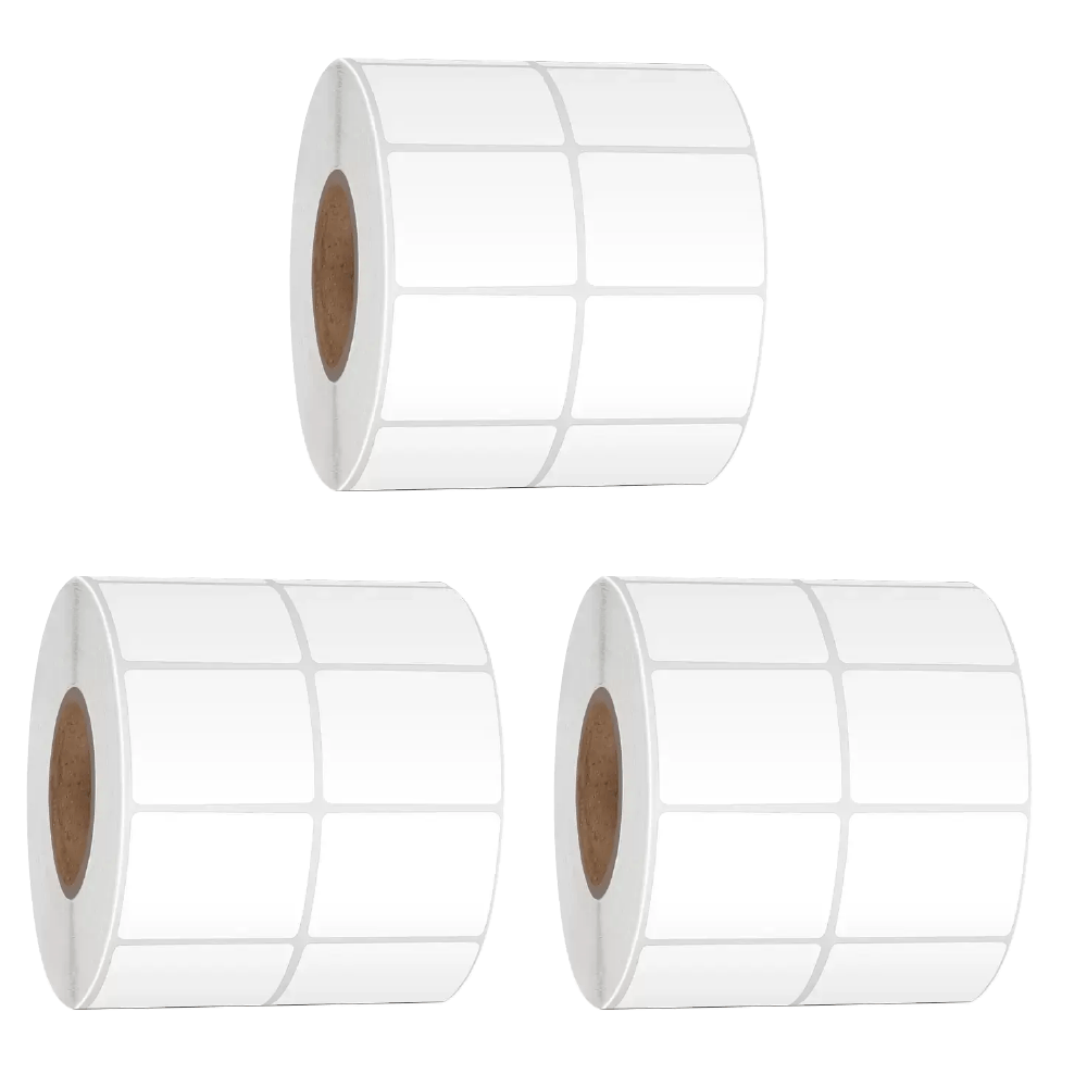 Rollos etiquetas térmicas adhesiva 4x3cm, 2 columnas, pack de 3 rollos, blanco