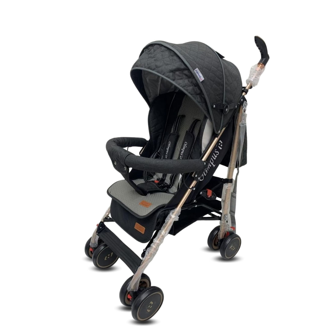 Coche bastón de lujo Olympus, mango giratorio, llantas EVA, asiento reclinable, arnés 5 puntos, capota, negro