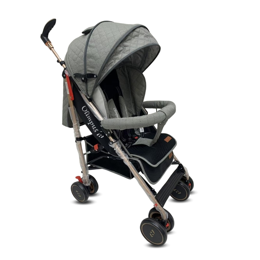 Coche bastón de lujo Olympus, mango giratorio, llantas EVA, asiento reclinable, arnés 5 puntos, capota, gris