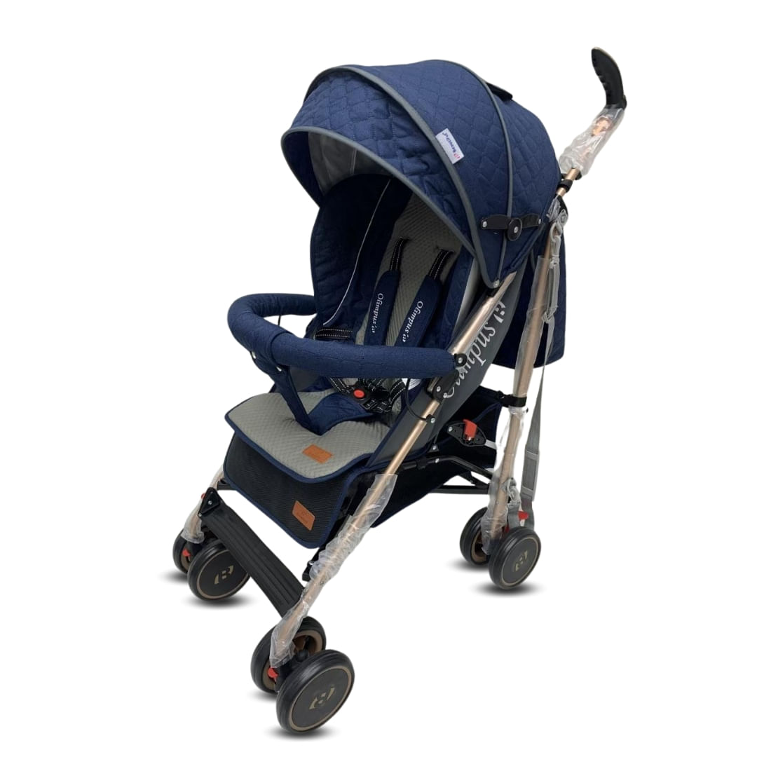 Coche bastón de lujo Olympus, mango giratorio, llantas EVA, asiento reclinable, capota expandible, azul