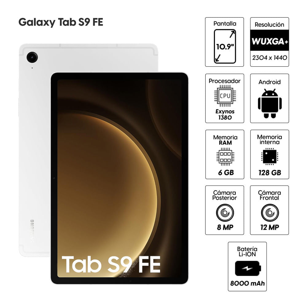 Imagen 2 del producto Reacondicionado: Tablet Samsung S9 FE 10.9"" 128GB, 6GB RAM, cámara principal 8MP y frontal 8MP, 8000 mAh, plateado, Exynos 1380 + Lápiz