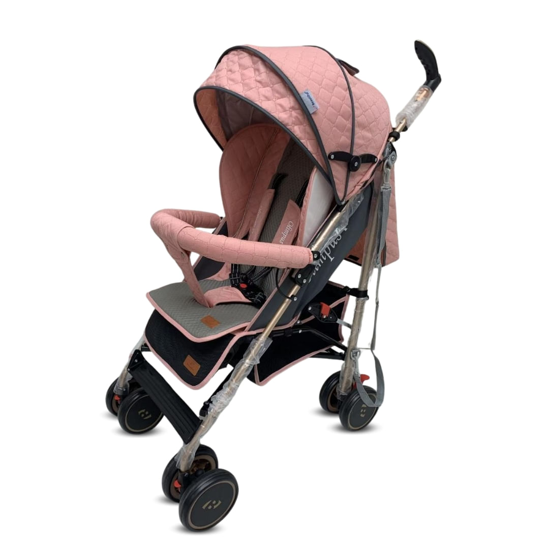 Coche bastón de lujo Olympus, mango giratorio, llantas EVA, asiento reclinable, capota expandible, rosado