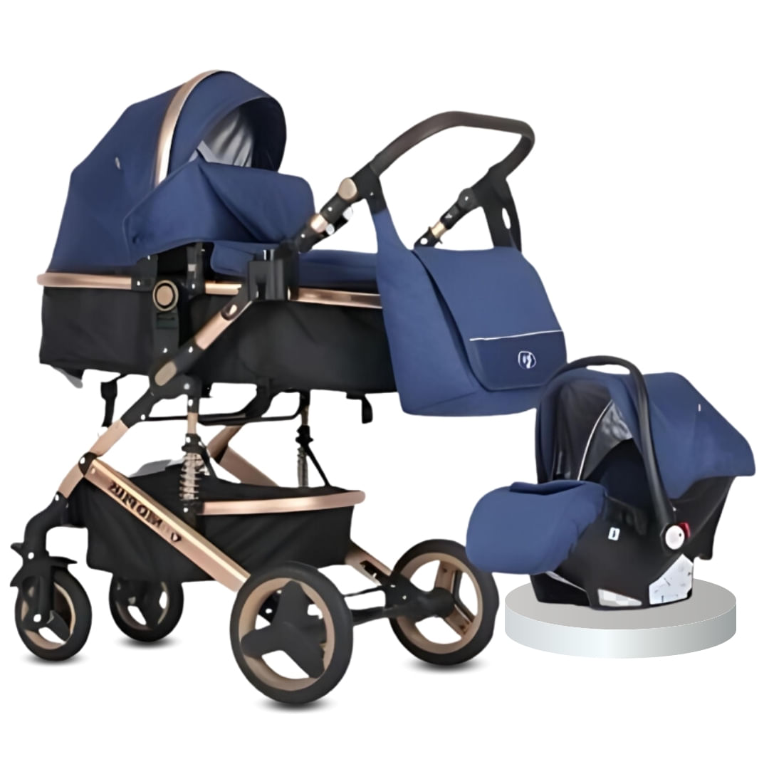 Coche moisés Grand Lumiere, portabebé, bolsa pañalera, asiento acolchado, llantas caucho, azul