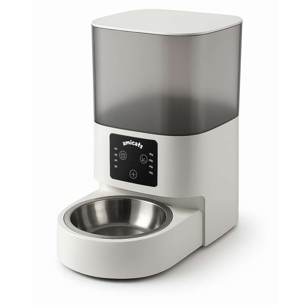 Comedero automático programable 6 litros, sin Wi-Fi, control de porciones y horarios, blanco