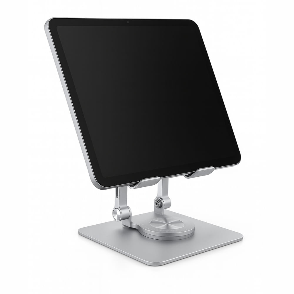 Imagen 2 del producto Soporte 360° regulable y giratorio para tablet, aluminio antideslizante, altura ajustable, plegable, hasta 12"", plata