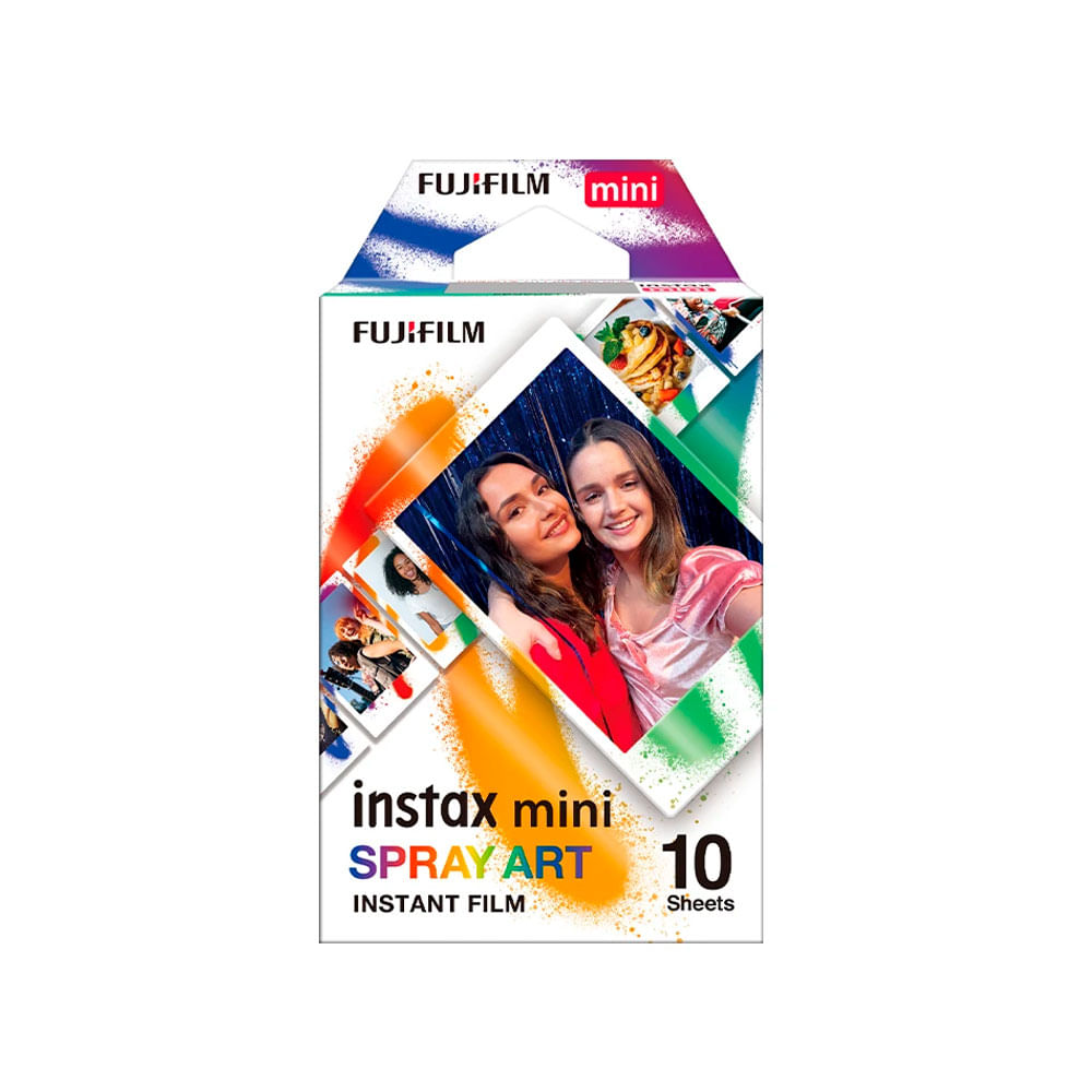 Película Fujifilm Instax Mini Spray Art x10, ISO 800, acabado brillante, colores vibrantes, formato 54x86mm, revelado rápido