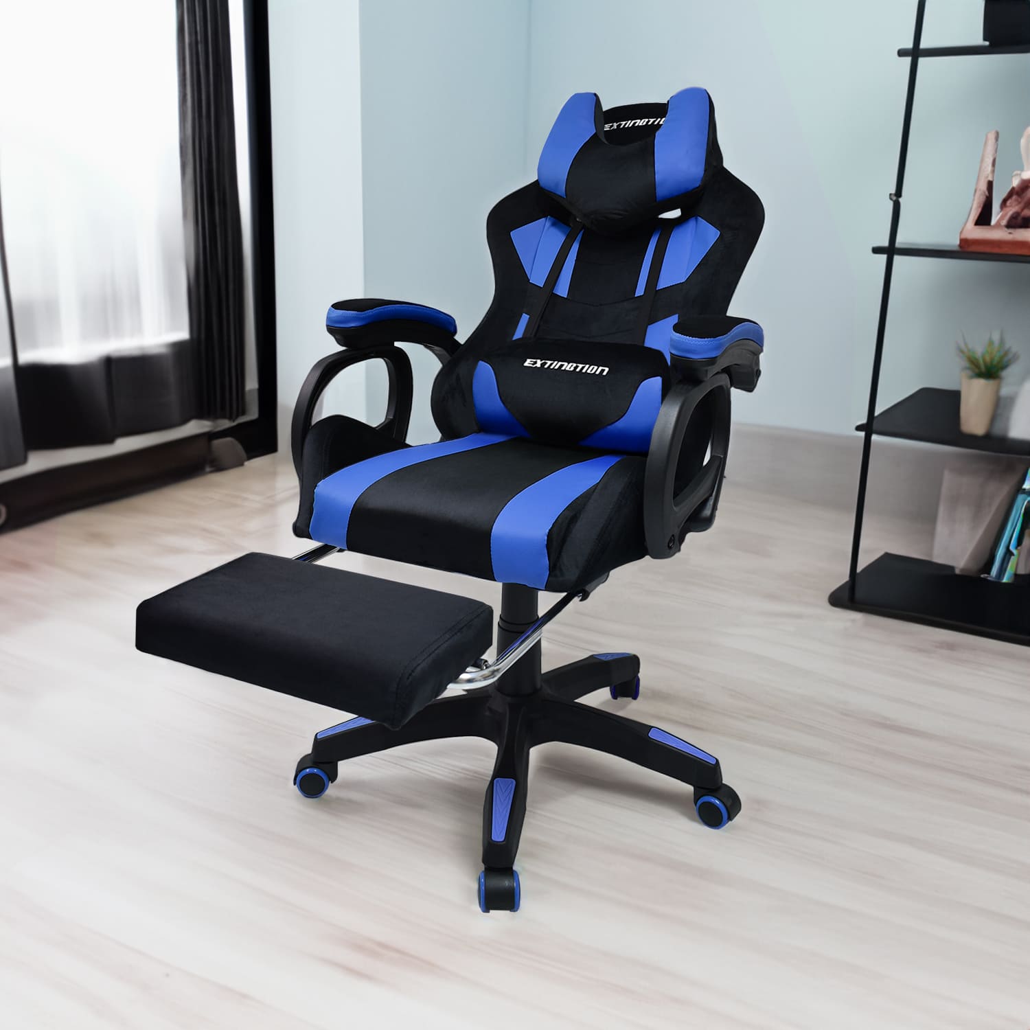 Imagen 2 del producto Silla gamer Extingtion Sapp, gamuza y cuerina, reclinable 135°, altura ajustable, reposapiés, azul