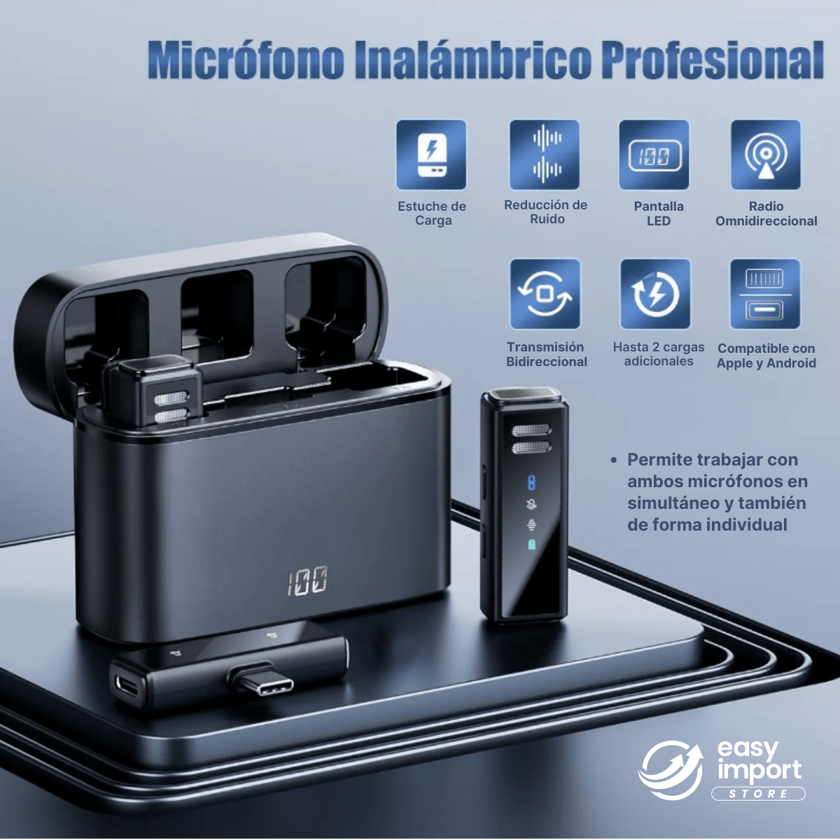 Imagen 2 del producto Micrófono inalámbrico profesional J88 Dual, con estuche y receptor 2en1 Tipo C + Lightning