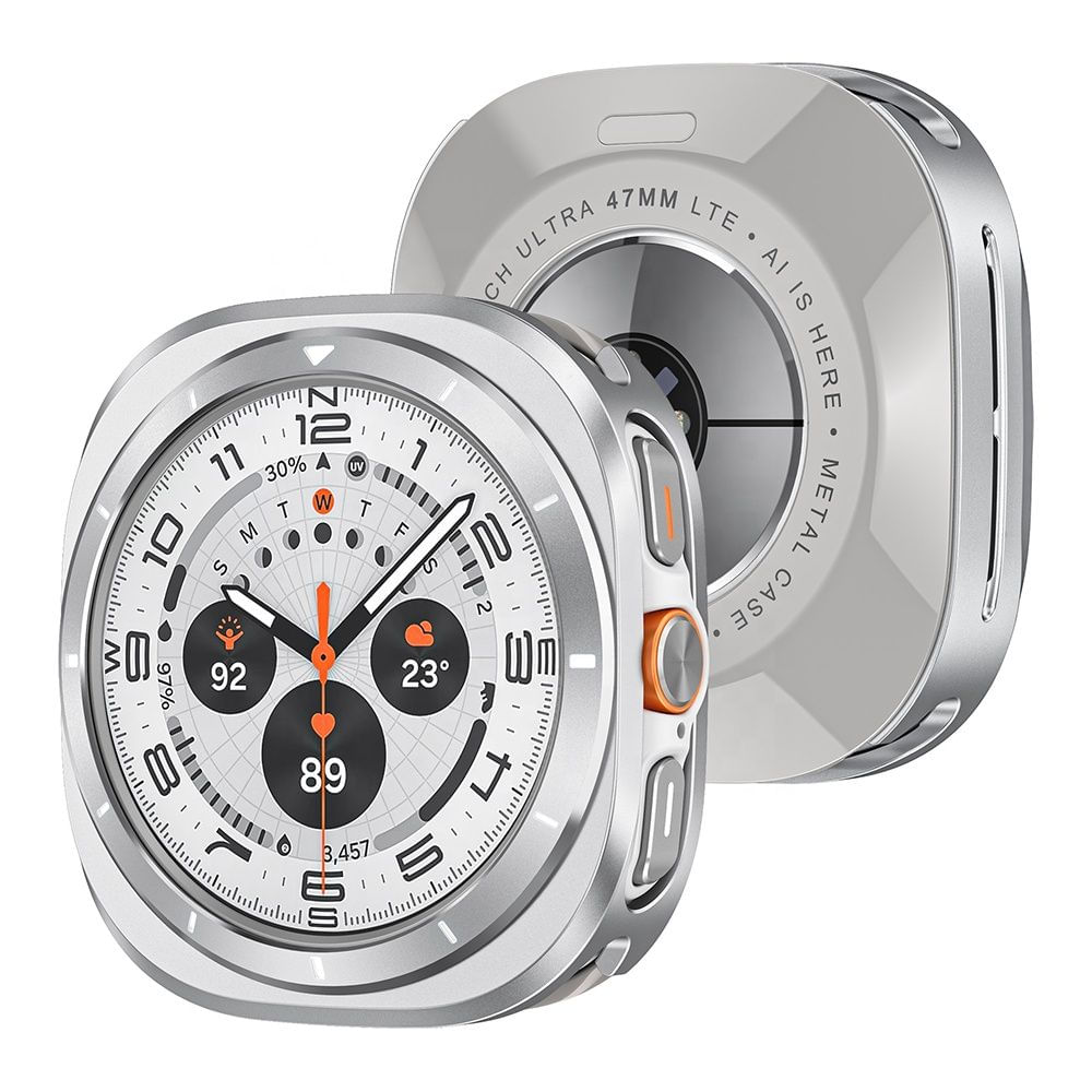 Funda metal acero inoxidable y cristal zafiro sintético para Samsung Galaxy Watch Ultra 47mm, plateado mate