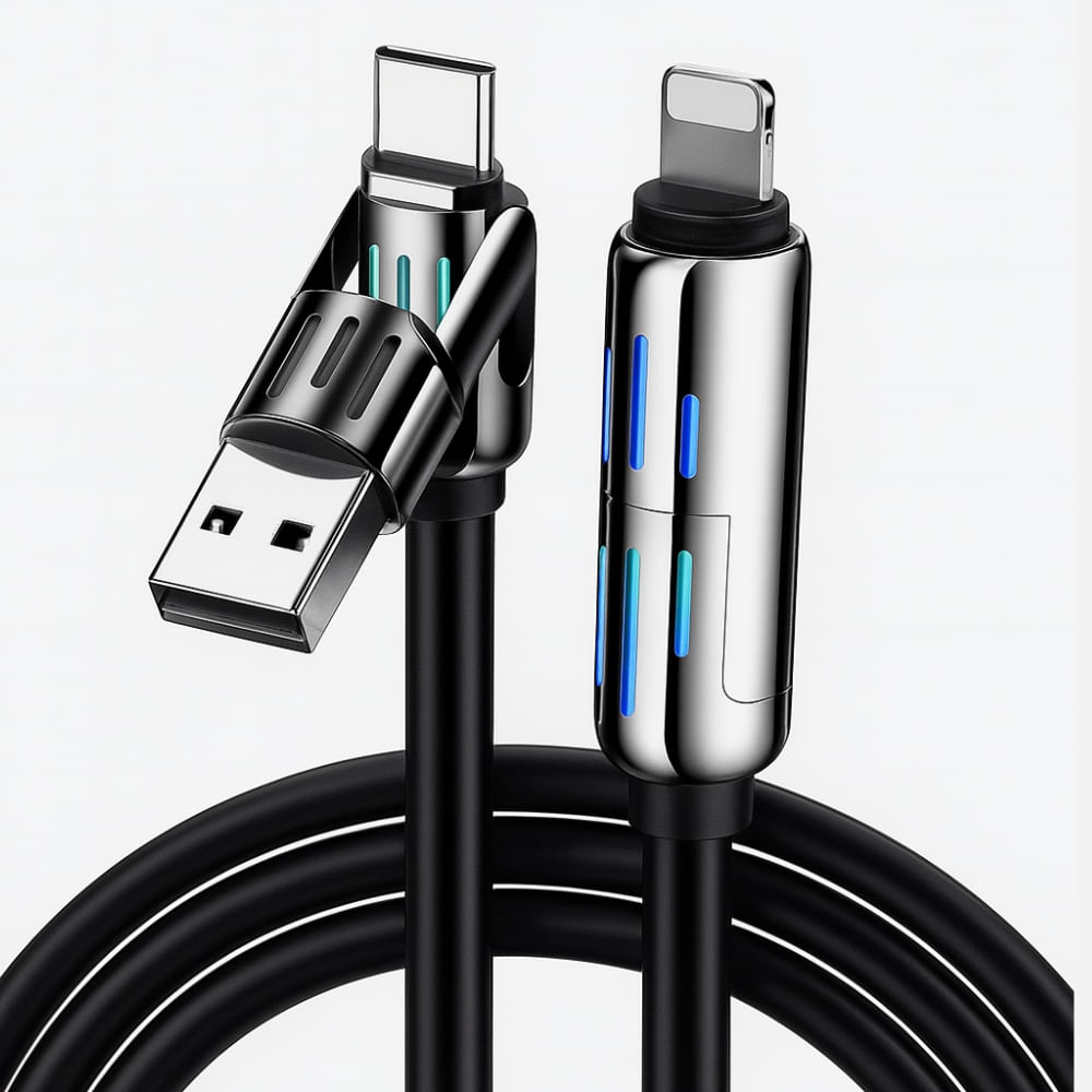 Cable Vivibox 4 en 1 USB, Tipo-C y Lightning, luces LED multicolor, carga rápida, con estuche textil, negro