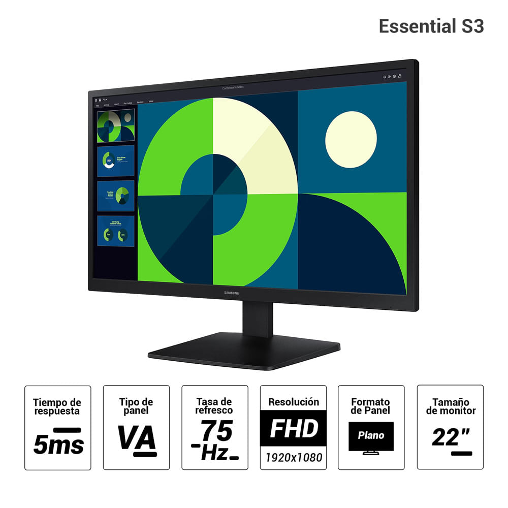 Imagen 2 del producto Monitor plano Samsung 22"" Essential S3 LS22D310EALXPE, Panel VA, FHD (1920X1080), 75Hz, 5ms, entradas HDMI/VGA