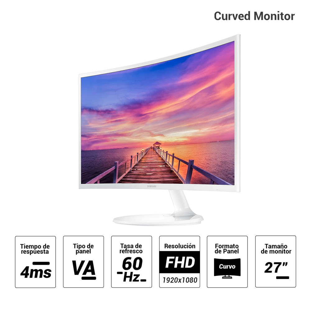Imagen 2 del producto Monitor curvo Samsung 27"" LC27F391FHNXZA, Panel VA, FHD (1920X1080), 60Hz, 4ms, entradas HDMI/VGA, AMD FreeSync