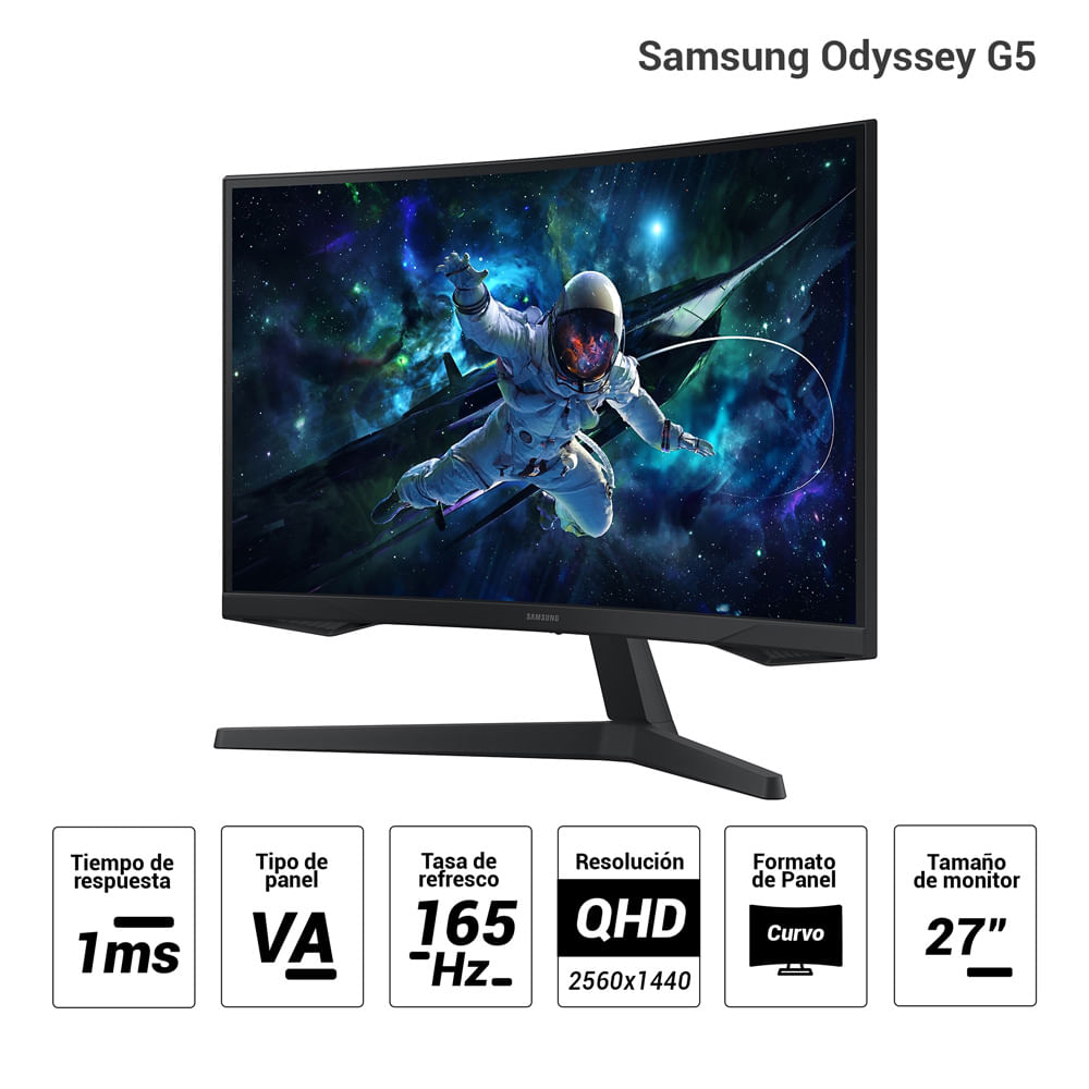 Imagen 2 del producto Monitor curvo Samsung 27” Odyssey G5 LS27CG552ELXPE, Panel VA, QHD (2560 x 1440), 165Hz, 1ms, entradas HDMI/DisPlayPort, AMD FreeSync