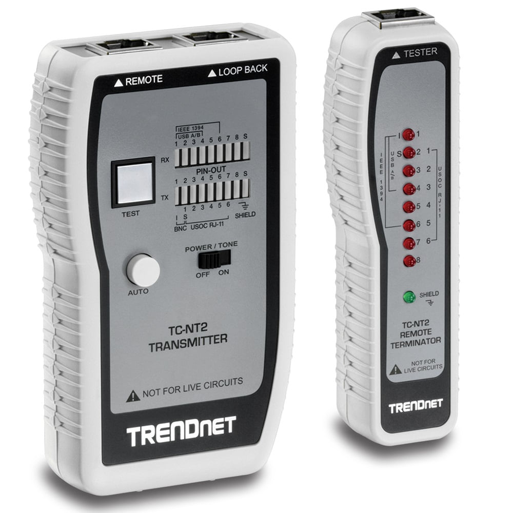 Probador de cables Trendnet TC-NT2, Ethernet, USB y BNC, detección de fallos, hasta 300m, kit con adaptadores y bolsa