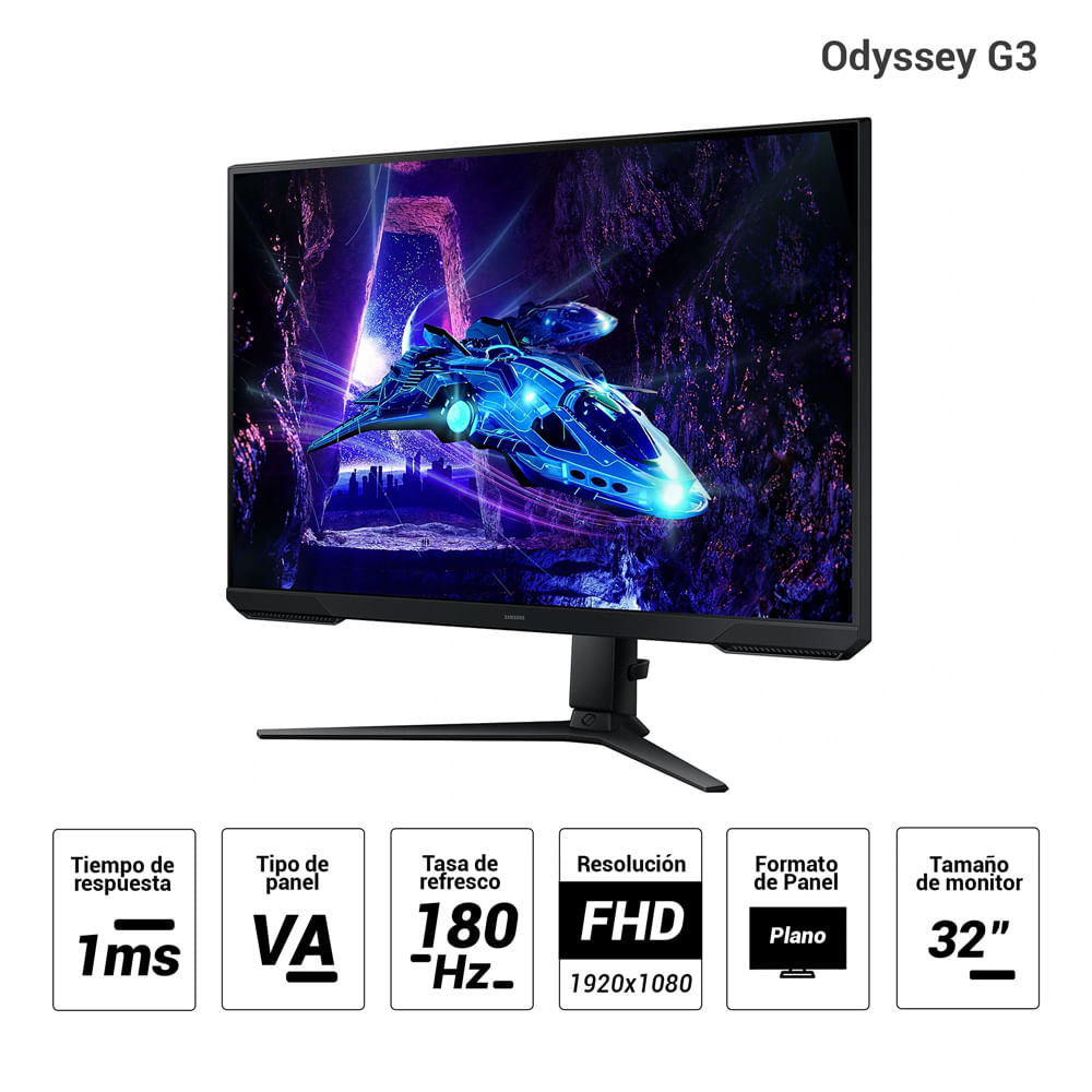 Imagen 2 del producto Monitor gamer Samsung 32” Odyssey G3 LS32DG300ELXPE plano, Panel VA, FHD (1920x1080), 180Hz, 1ms, entradas HDMI/DisplayPort, AMD FreeSync