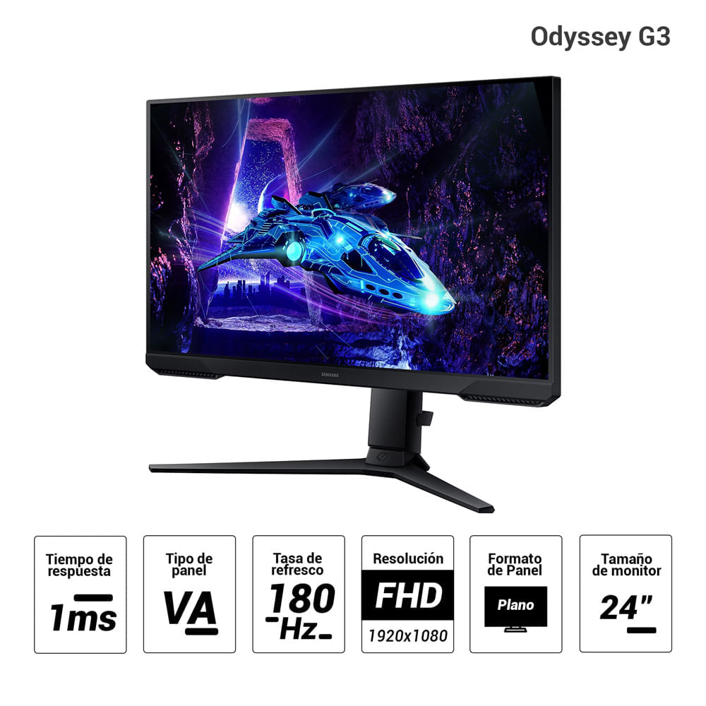 Imagen 2 del producto Monitor gamer Samsung 24” Odyssey G3 LS24DG300ELXPE plano, Panel VA, FHD (1920x1080), 180Hz, 1ms, entradas HDMI/DisplayPort, AMD FreeSync