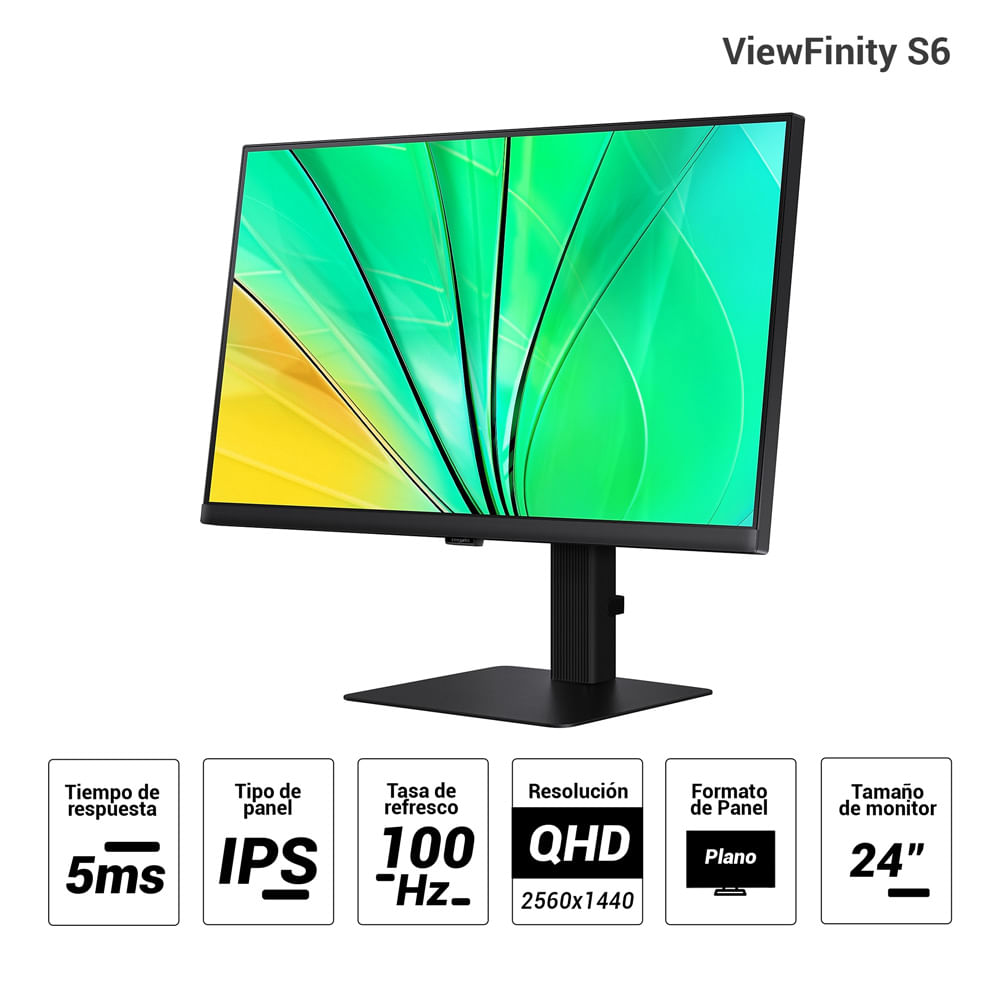Imagen 2 del producto Monitor plano Samsung 24"" ViewFinity S6 LS24D600EALXPE, Panel IPS, QHD (2560x1440), 100Hz, 5ms, entradas HDMI/DisplayPort, fácil instalación