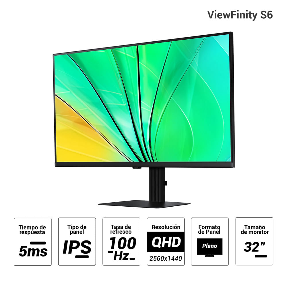 Imagen 2 del producto Monitor plano Samsung 32"" ViewFinity S6 LS32D600EALXPE, Panel IPS, QHD (2560x1440), 100Hz, 5ms, entradas HDMI/DisplayPort, fácil instalación