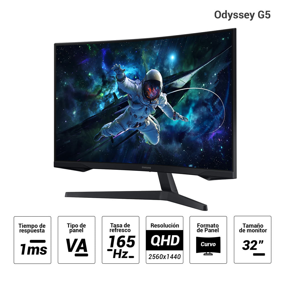 Imagen 2 del producto Monitor gamer Samsung 32” Odyssey G5 LS32CG552ELXPE curvo, Panel VA, QHD (2560x1440), 165Hz, 1ms, entradas HDMI/DisplayPort, AMD FreeSync