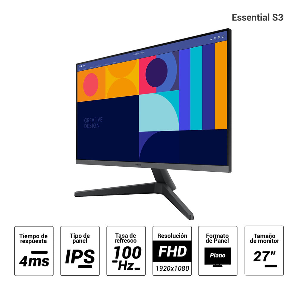 Imagen 2 del producto Monitor plano Samsung 27” Essential S3 LS27C330GALXPE, Panel IPS, FHD (1920 x 1080), 100Hz, 4ms, entradas HDMI/DisplayPort, AMD FreeSync