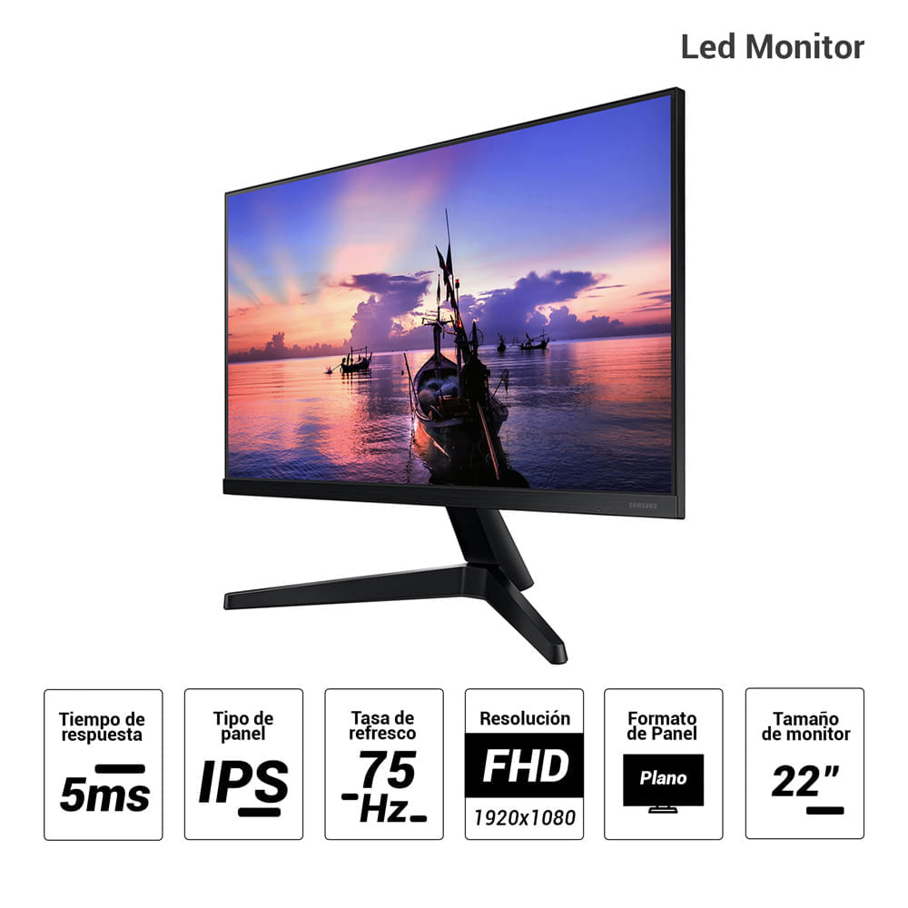 Imagen 2 del producto Monitor plano Samsung 22'' Led LF22T350FHLXPE, Panel IPS, FHD (1920x1080), 75Hz, 5ms, entradas HDMI/VGA, bordes ultra delgados