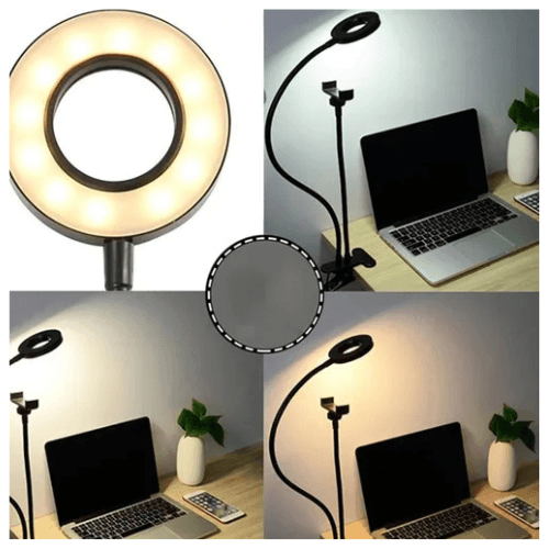 Imagen 2 del producto Lámpara LED flexible con clip y soporte celular, intensidad regulable, brazo ajustable, negro