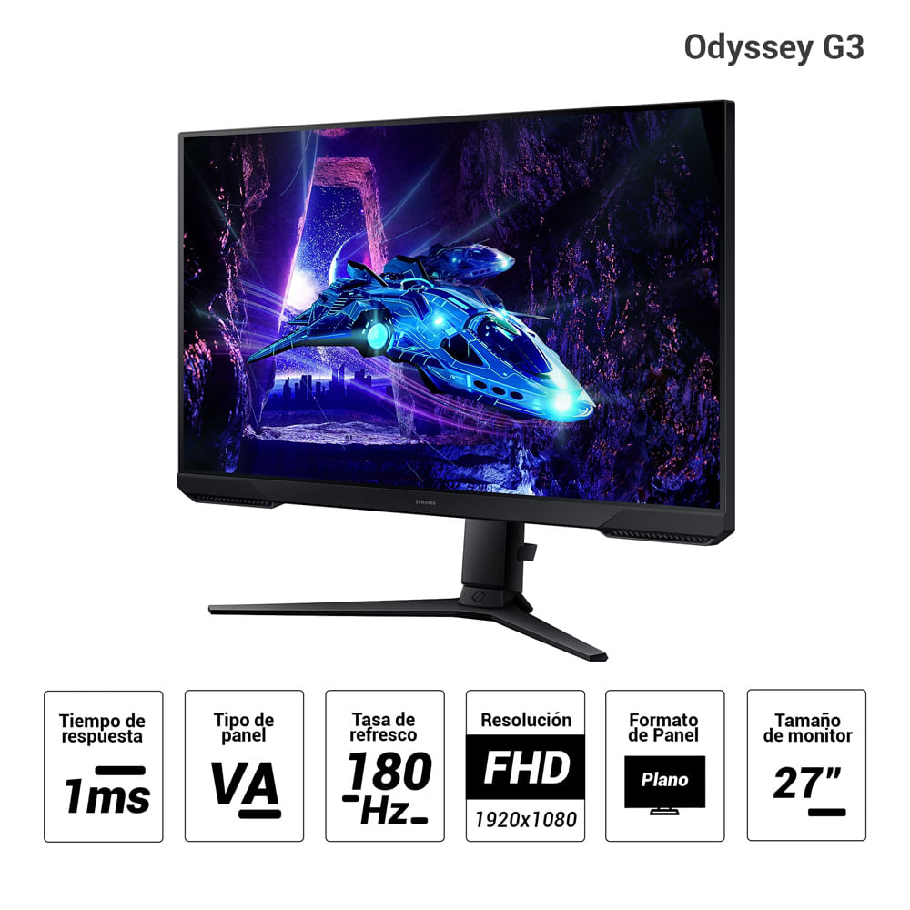 Imagen 2 del producto Monitor gamer Samsung 27” Odyssey G3 LS27DG300ELXPE, Panel VA, FHD (1920x1080), 180Hz, 1ms, entradas HDMI/DisplayPort, AMD FreeSync