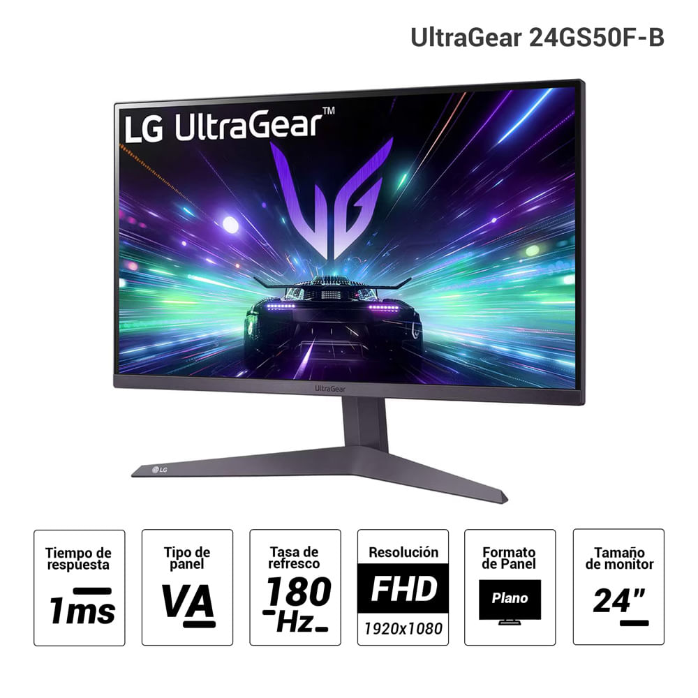 Imagen 2 del producto Monitor gamer LG 24” UltraGear 24GS50F-B plano, Panel VA, FHD (1920×1080), 180Hz, 1ms, entradas HDMI/DisplayPort, AMD FreeSync