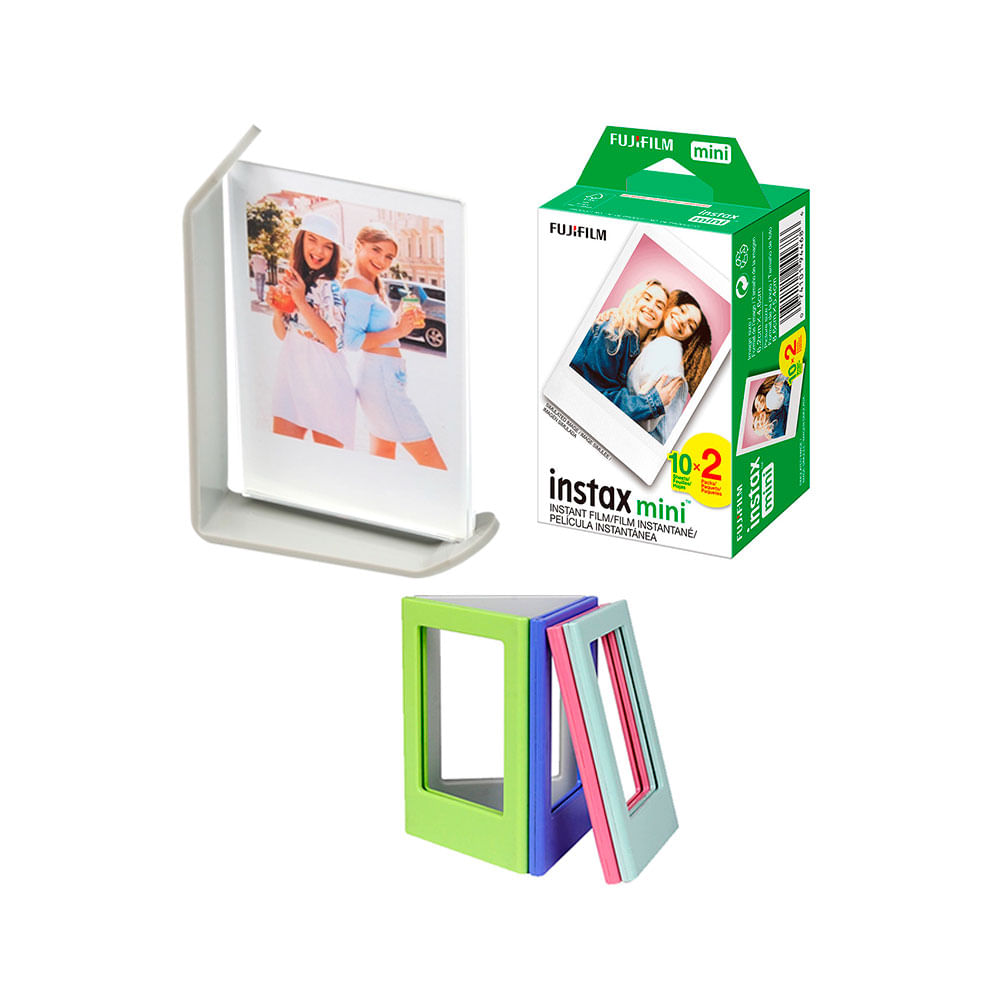 Combo: Película Fujifilm Instax Mini x20 + portafoto + 4 marcos imán, fotos instantáneas