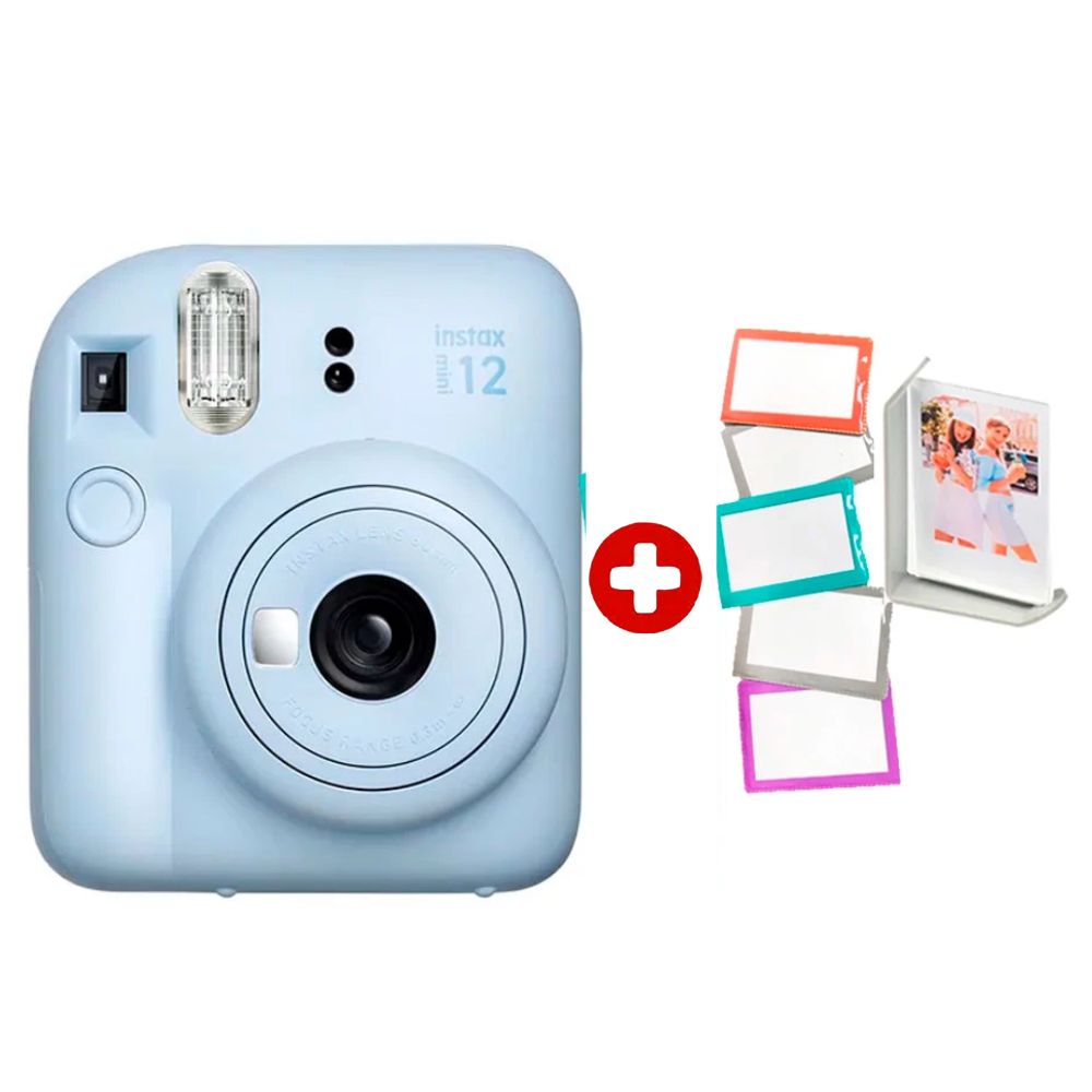 Cámara Fujifilm Instax Mini 12 azul + 5 portafotos + marco, modo primer plano, flash automático, compatible Instax UP