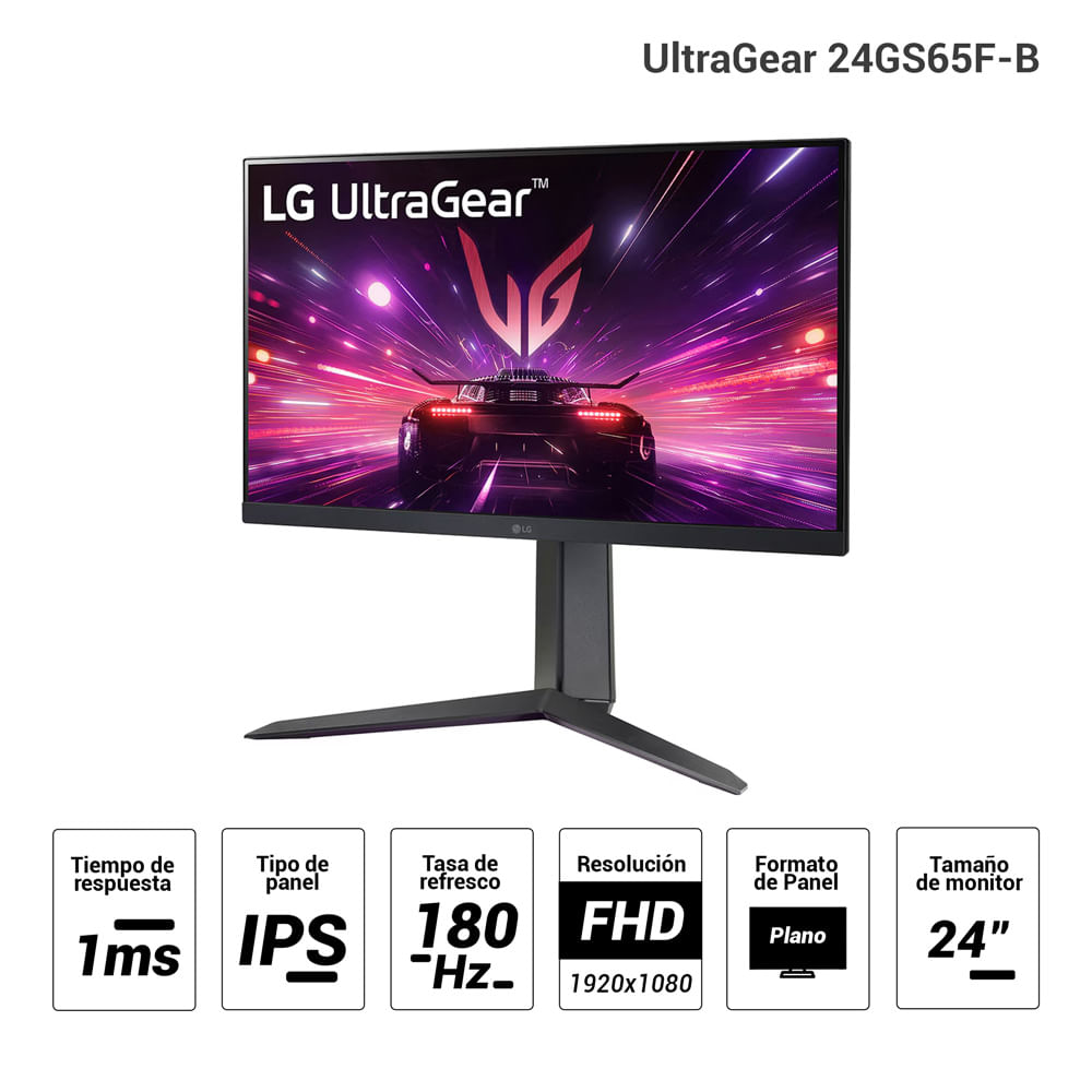 Imagen 2 del producto Monitor gamer 24” LG UltraGear 24GS65F-B plano, Panel IPS, FHD (1920x1080), 180Hz, 1ms, entradas HDMI/DisplayPort, G Sync, AMD FreeSync